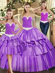 Sweetheart Sleeveless Sweet 16 Quinceanera Dress Floor Length Appliques and Ruffled Layers Eggplant Purple Organza
