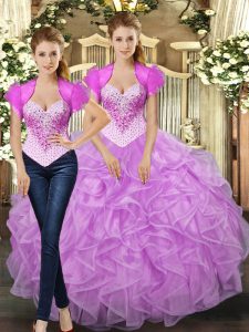 Straps Sleeveless Quinceanera Dress Floor Length Beading and Ruffles Lilac Tulle