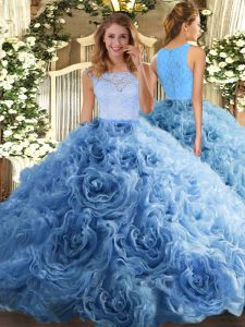 Baby Blue Ball Gowns Fabric With Rolling Flowers Scoop Sleeveless Beading and Ruffles Floor Length Zipper 15th Birthday Dress