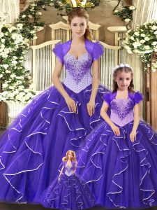 Beading and Ruffles Quinceanera Gown Purple Lace Up Sleeveless Floor Length
