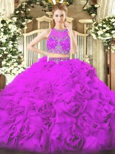 Perfect Lilac Zipper Scoop Beading Ball Gown Prom Dress Fabric With Rolling Flowers Sleeveless