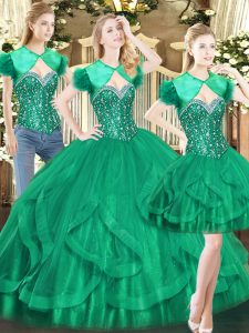 Dark Green Tulle Lace Up Quinceanera Dress Sleeveless Floor Length Beading and Ruffles