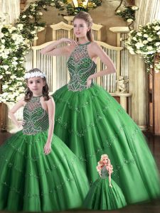 Custom Designed Dark Green Tulle Lace Up Sweet 16 Dresses Sleeveless Floor Length Beading