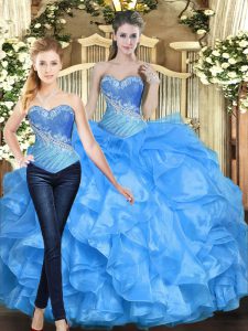 Fitting Sweetheart Sleeveless Organza 15 Quinceanera Dress Beading and Ruffles Lace Up