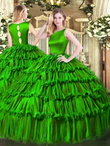 Eye-catching Green Organza Clasp Handle Scoop Sleeveless Floor Length Sweet 16 Dress Ruffled Layers
