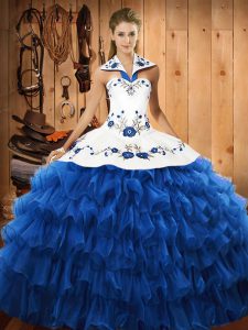 Fantastic Ball Gowns Sweet 16 Quinceanera Dress Blue Halter Top Organza Sleeveless Floor Length Lace Up