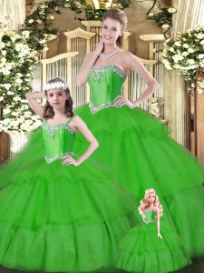 Green Sleeveless Beading and Ruffled Layers Floor Length Sweet 16 Dresses