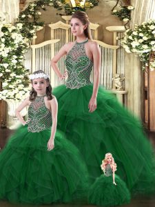 Lovely Dark Green Ball Gowns Beading and Ruffles Quinceanera Dresses Lace Up Tulle Sleeveless Floor Length
