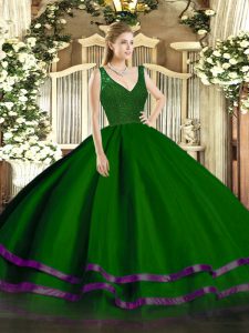 Delicate Green Tulle Zipper V-neck Sleeveless Floor Length Sweet 16 Quinceanera Dress Beading and Ruffled Layers