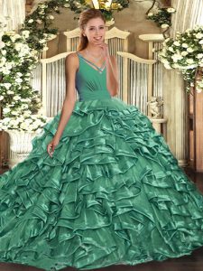 Designer Organza Sleeveless With Train Quinceanera Gowns Sweep Train and Ruffles