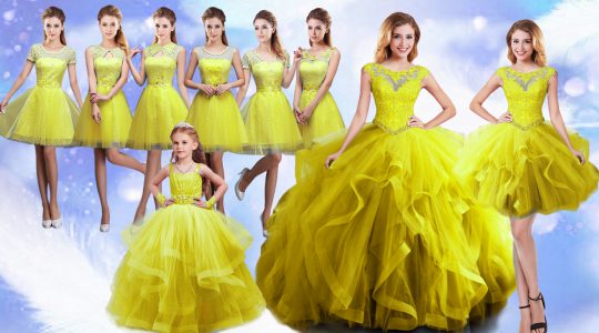 Yellow Ball Gowns Organza Scoop Sleeveless Beading and Ruffles Floor Length Lace Up Vestidos de Quinceanera