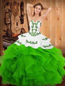 Trendy Strapless Sleeveless Quinceanera Gown Floor Length Embroidery and Ruffles Green Satin and Organza