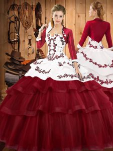 Luxurious Burgundy Quinceanera Gown Military Ball and Sweet 16 and Quinceanera with Embroidery and Ruffled Layers Strapless Sleeveless Sweep Train Lace Up
