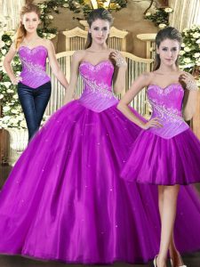 Comfortable Floor Length Lace Up Quinceanera Gowns Fuchsia for Military Ball and Sweet 16 and Quinceanera with Beading