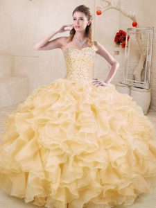 Gold Ball Gowns Sweetheart Sleeveless Organza Floor Length Lace Up Beading and Ruffles Sweet 16 Quinceanera Dress