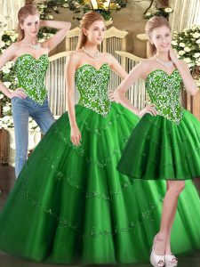 Floor Length Three Pieces Sleeveless Green Quinceanera Gowns Lace Up