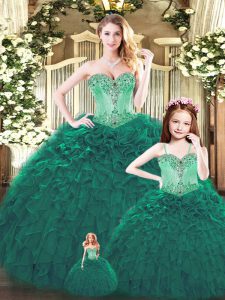 Glamorous Floor Length Lace Up Quinceanera Dresses Dark Green for Military Ball and Sweet 16 and Quinceanera with Beading and Ruffles