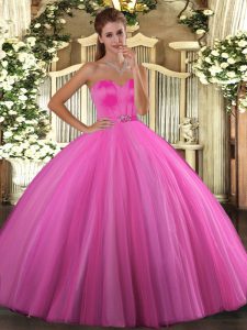 Latest Rose Pink Lace Up Sweetheart Beading 15th Birthday Dress Tulle Sleeveless