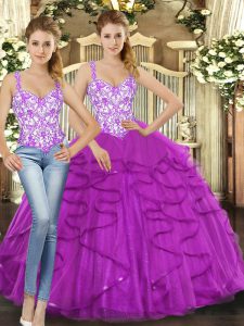 Chic Fuchsia Lace Up Quince Ball Gowns Beading and Ruffles Sleeveless Floor Length