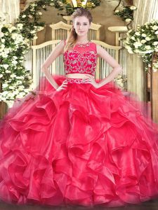 Sleeveless Floor Length Beading and Ruffles Zipper Sweet 16 Dresses with Red