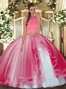 Free and Easy Coral Red Halter Top Backless Beading and Ruffles Quinceanera Gowns Sleeveless