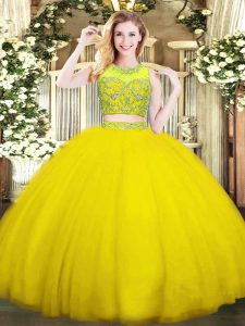 Gold Two Pieces Beading Quinceanera Dress Zipper Tulle Sleeveless Floor Length