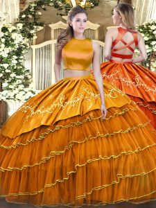Orange Criss Cross High-neck Ruffled Layers Sweet 16 Dresses Tulle Sleeveless