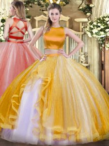 Glorious Gold Sleeveless Tulle Criss Cross 15 Quinceanera Dress for Military Ball and Sweet 16 and Quinceanera