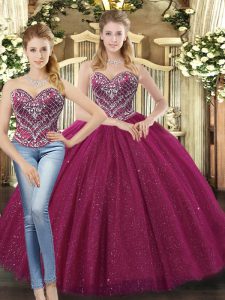 Spectacular Fuchsia Tulle Lace Up 15 Quinceanera Dress Sleeveless Floor Length Beading