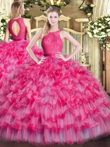 Custom Made Hot Pink Sleeveless Lace and Ruffled Layers Floor Length Sweet 16 Dress