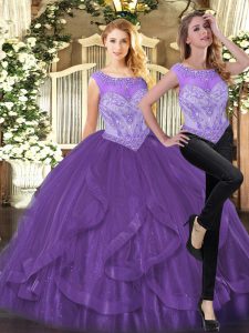 New Style Floor Length Purple Quinceanera Dresses Organza Sleeveless Beading and Ruffles