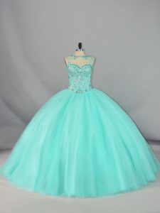 Exquisite Apple Green Ball Gowns Tulle Scoop Sleeveless Beading Lace Up Vestidos de Quinceanera Brush Train