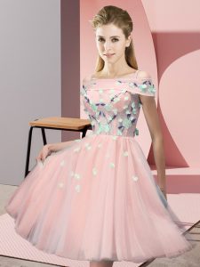 Eye-catching Empire Quinceanera Court of Honor Dress Pink Off The Shoulder Tulle Short Sleeves Knee Length Lace Up