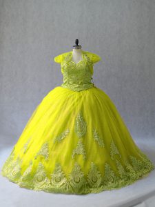 Latest Yellow Green Sweetheart Neckline Appliques Sweet 16 Dresses Sleeveless Lace Up