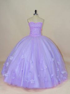 Glamorous Floor Length Lavender 15 Quinceanera Dress Tulle Sleeveless Beading and Hand Made Flower