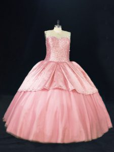 Customized Pink Lace Up Sweet 16 Quinceanera Dress Beading Sleeveless Floor Length