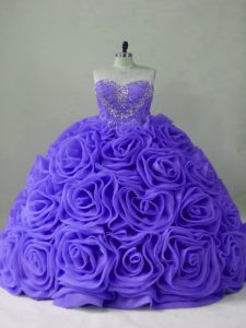 Eye-catching Lavender Fabric With Rolling Flowers Lace Up Sweetheart Sleeveless Quinceanera Dresses Brush Train Beading