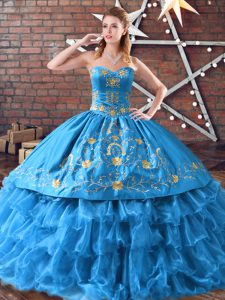 Decent Floor Length Blue Sweet 16 Dress Satin and Organza Sleeveless Embroidery and Ruffled Layers