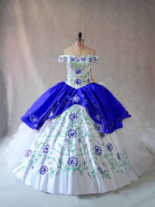 Blue And White Ball Gowns Organza Off The Shoulder Sleeveless Embroidery and Ruffles Floor Length Lace Up Quince Ball Gowns