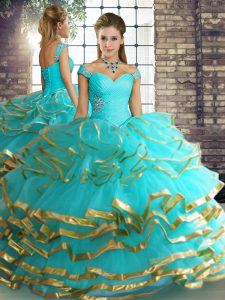 New Arrival Aqua Blue Sweet 16 Dress Military Ball and Sweet 16 and Quinceanera with Beading and Ruffled Layers Off The Shoulder Sleeveless Lace Up