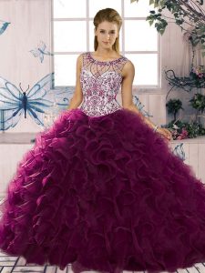 Dark Purple Organza Lace Up Scoop Sleeveless Floor Length 15 Quinceanera Dress Beading and Ruffles