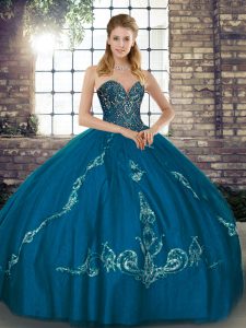 Best Selling Sleeveless Tulle Floor Length Lace Up Sweet 16 Dresses in Blue with Beading and Embroidery