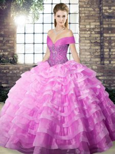 Sleeveless Brush Train Beading and Ruffled Layers Lace Up Quinceanera Gown