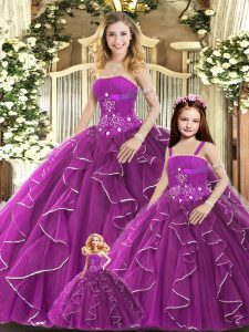 Modest Floor Length Purple Quince Ball Gowns Tulle Sleeveless Beading and Ruffles