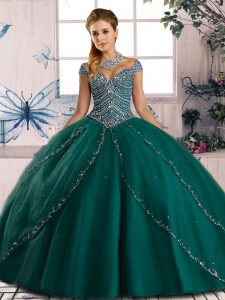 Superior Lace Up Quince Ball Gowns Green for Sweet 16 and Quinceanera with Beading Brush Train
