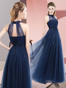 Best Selling Navy Blue Tulle Lace Up Halter Top Sleeveless Floor Length Quinceanera Court Dresses Beading and Appliques