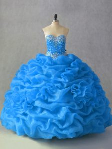Blue Lace Up Sweet 16 Dress Beading and Pick Ups and Hand Made Flower Sleeveless Floor Length