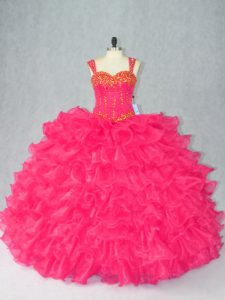 Red Ball Gowns Straps Sleeveless Organza Floor Length Lace Up Beading and Ruffles Sweet 16 Quinceanera Dress