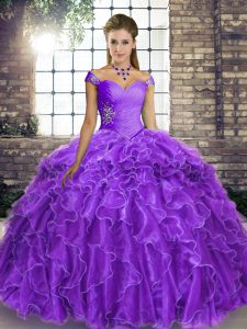 Sleeveless Organza Brush Train Lace Up Sweet 16 Dress in Lavender with Beading and Ruffles