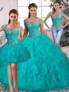 Off The Shoulder Sleeveless Brush Train Lace Up Quinceanera Gowns Aqua Blue Tulle